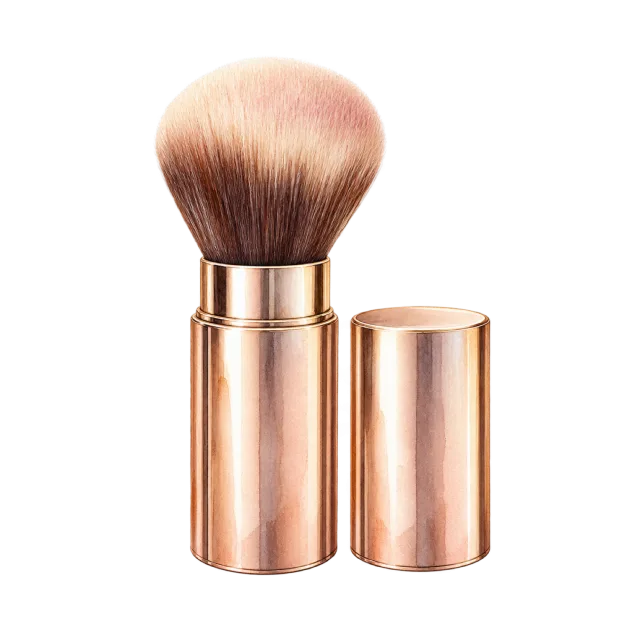 Watercolor-style illustration of retractable travel makeup brush in metal case