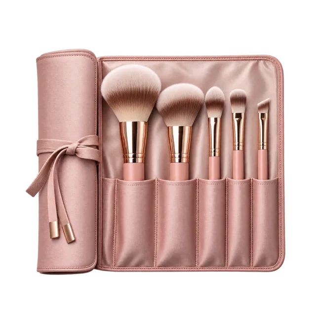 3D-style illustration of five piece makeup brush set in fabric roll