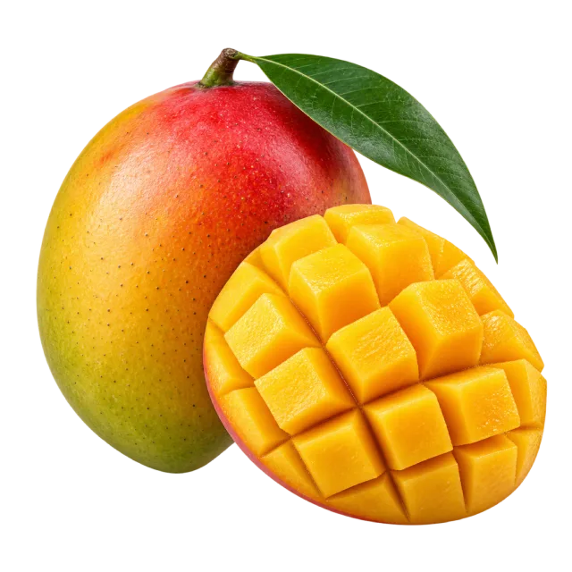 A red and yellow mango with a leaf beside a scored half of golden flesh