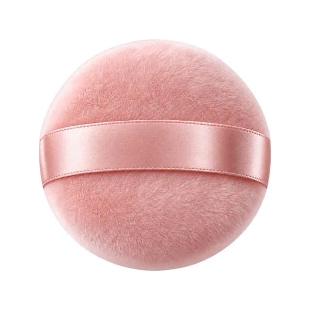 3D-style illustration of round velvet powder puff with satin ribbon