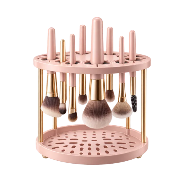 3D-style illustration of makeup brush drying rack with brushes
