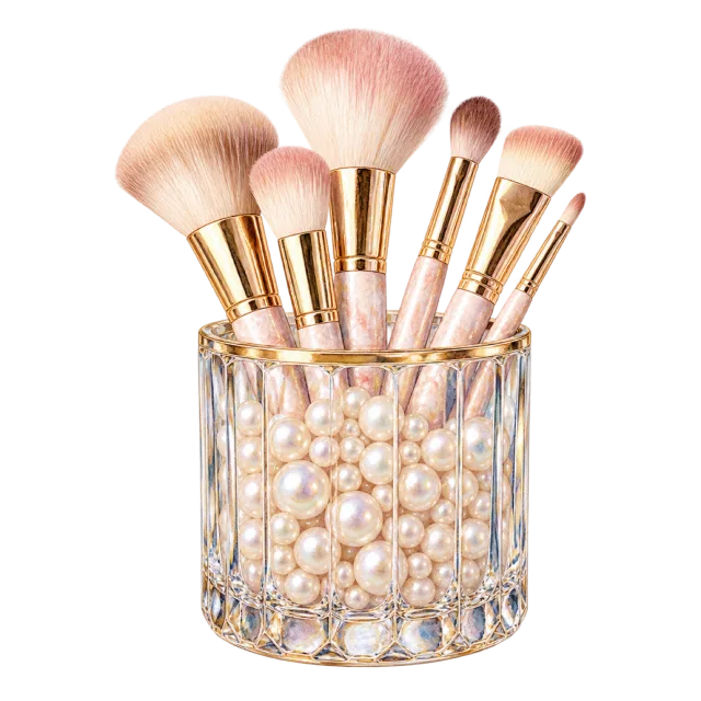 Watercolor-style illustration of glass brush holder with pearl beads and brushes