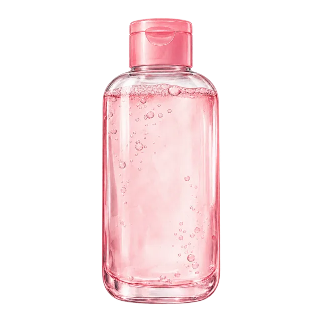 Watercolor-style illustration of micellar water in clear pink cap bottle