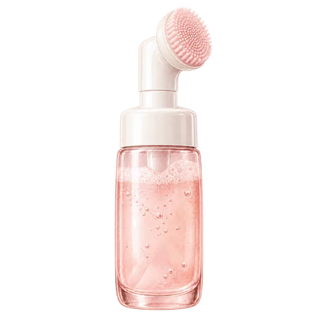Watercolor-style illustration of foaming cleanser bottle with silicone brush cap
