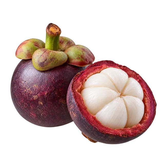 A dark purple mangosteen with green sepals beside an opened half showing white segments