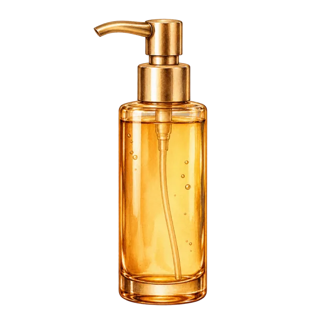 Watercolor-style illustration of amber cleansing oil bottle with pump