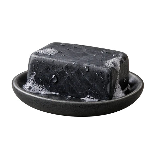3D-style illustration of charcoal facial cleansing bar on small dish