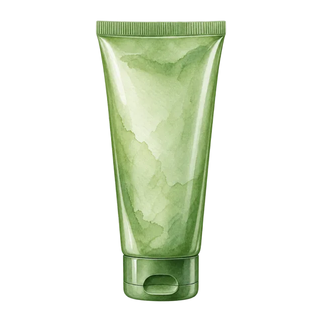 Watercolor-style illustration of green cleanser squeeze tube