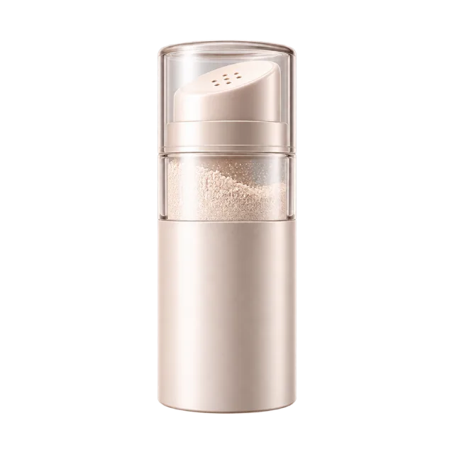 3D-style illustration of powder facial cleanser in cylindrical dispenser