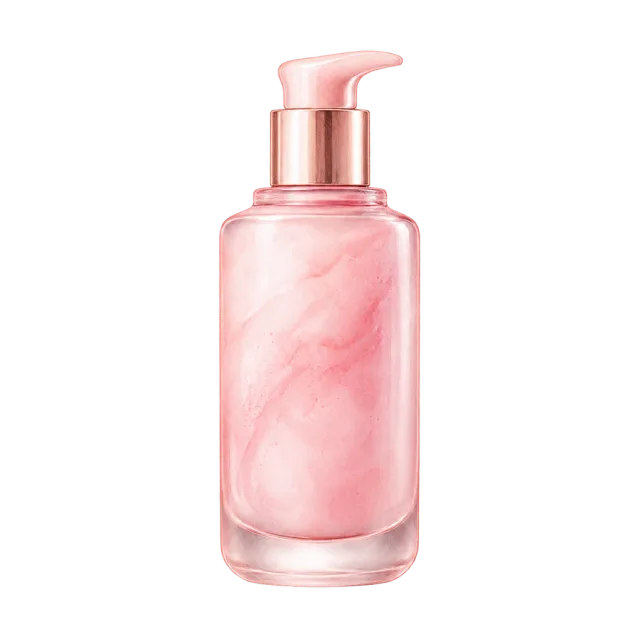 Watercolor-style illustration of pink cleansing milk pump bottle