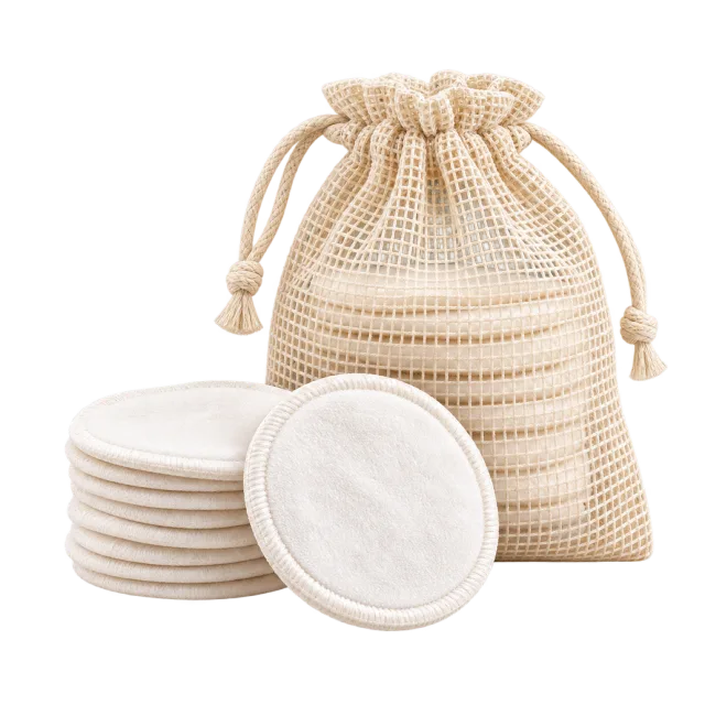 3D-style illustration of reusable cotton cleansing pads in mesh pouch