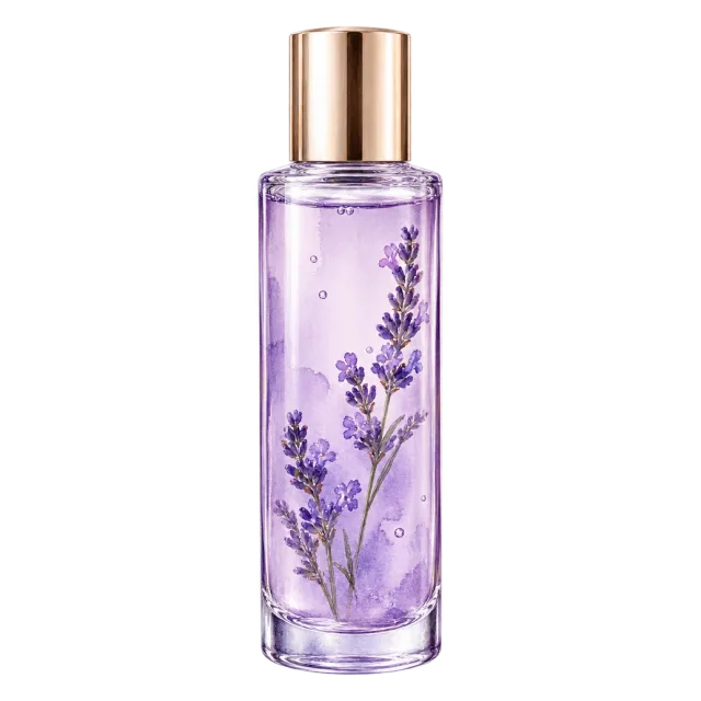 Watercolor-style illustration of purple toner bottle with lavender sprigs