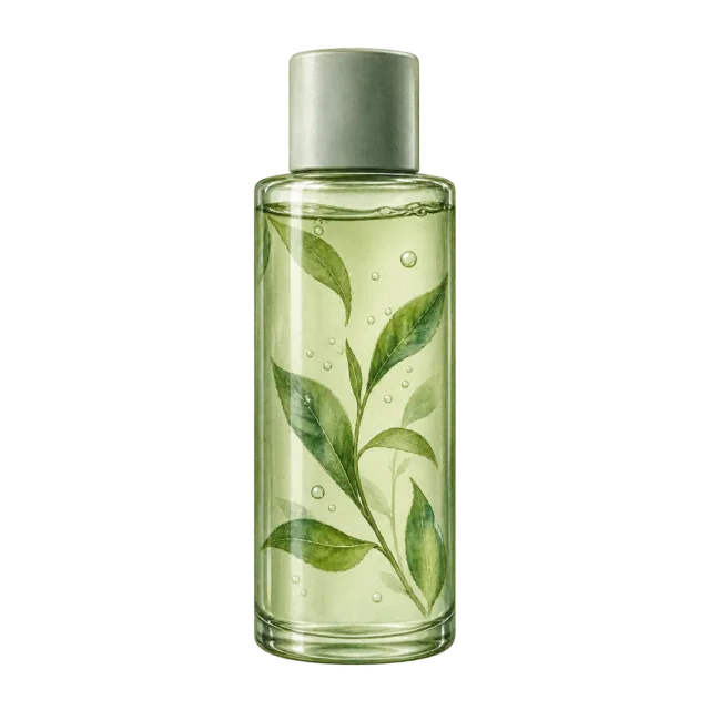 Watercolor-style illustration of green toner bottle with leafy decoration