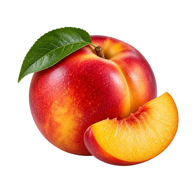 Glossy red and yellow nectarines with leaves and a golden cut wedge