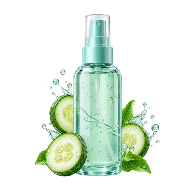 3D-style illustration of aqua facial mist bottle with cucumber slices