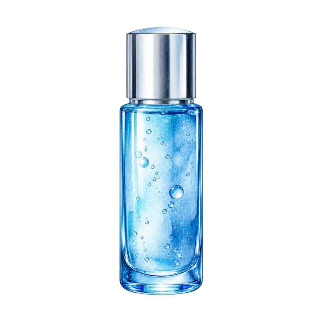 Watercolor-style illustration of blue facial essence with silver cap