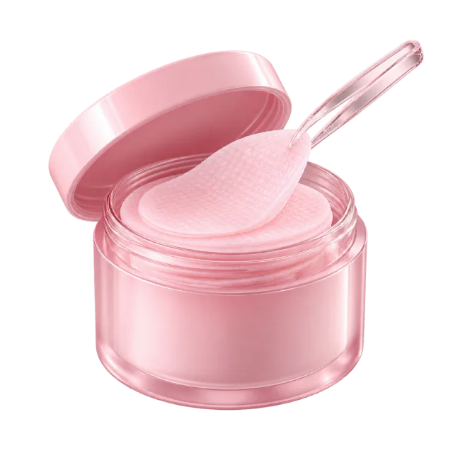 3D-style illustration of pink toner pads in open jar with tweezers