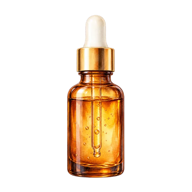 Watercolor-style illustration of amber facial serum dropper bottle