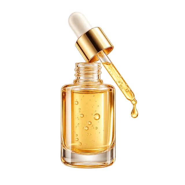 3D-style illustration of clear facial serum with golden liquid and pipette