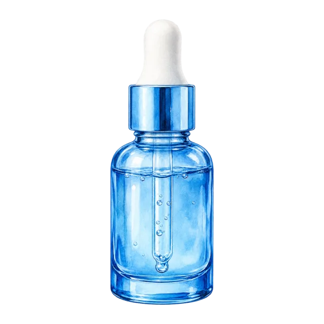 Watercolor-style illustration of blue serum bottle with white dropper