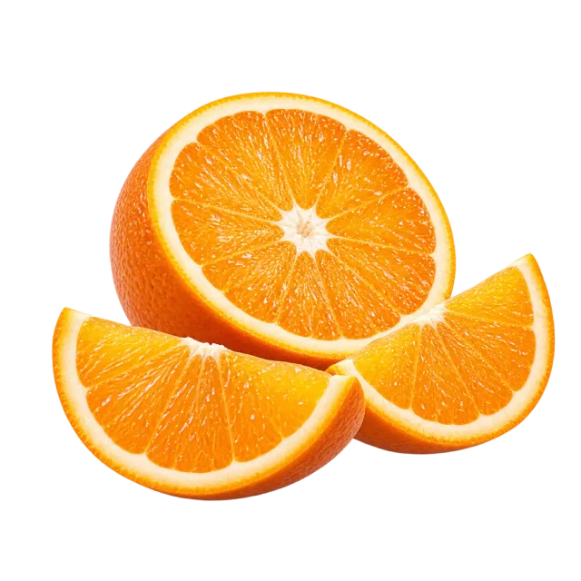 A cut orange half displayed above two juicy orange wedges
