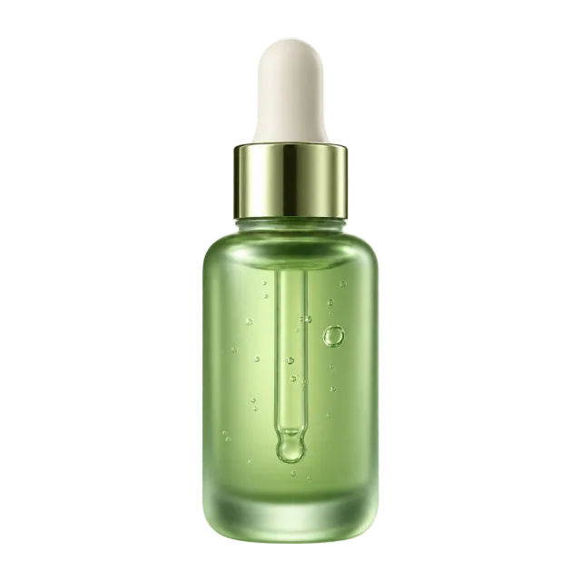 3D-style illustration of green facial serum in frosted glass bottle