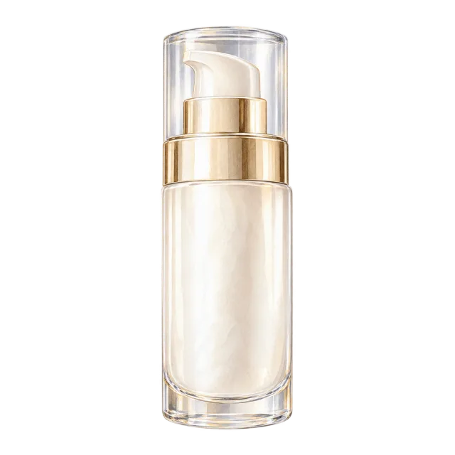 Watercolor-style illustration of pearl white airless serum pump