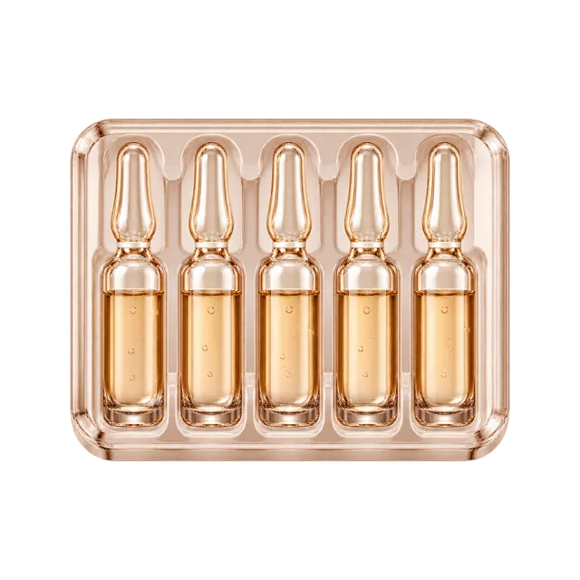 3D-style illustration of glass facial ampoules in tray