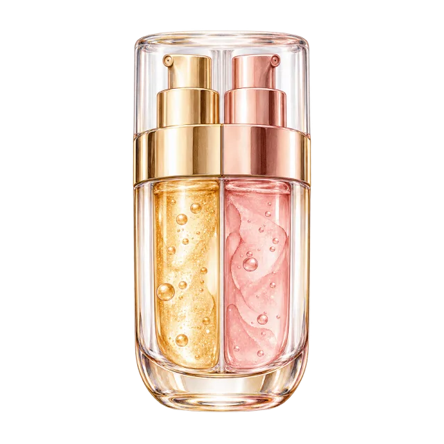 Watercolor-style illustration of dual chamber facial serum dispenser