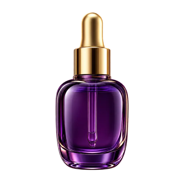 3D-style illustration of dark violet facial oil bottle with gold dropper
