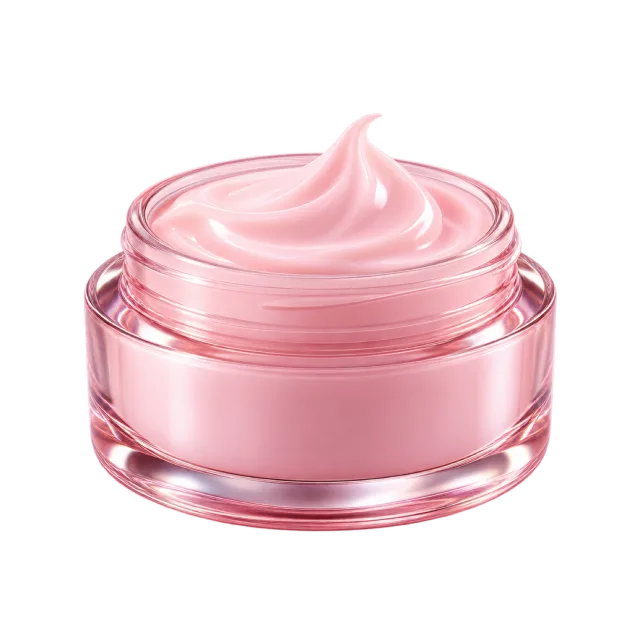 3D-style illustration of pink face cream in round jar