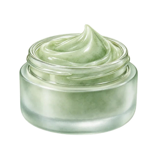 Watercolor-style illustration of sage green gel cream in open frosted jar