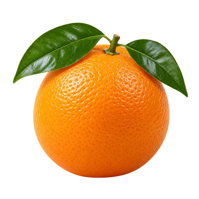 A round orange with dimpled skin, a short stem and green leaves