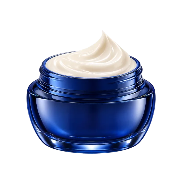 3D-style illustration of white cream in dark blue jar