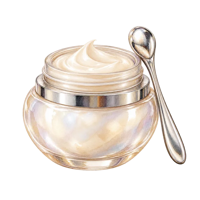 Watercolor-style illustration of eye cream in tiny pearl jar with silver applicator