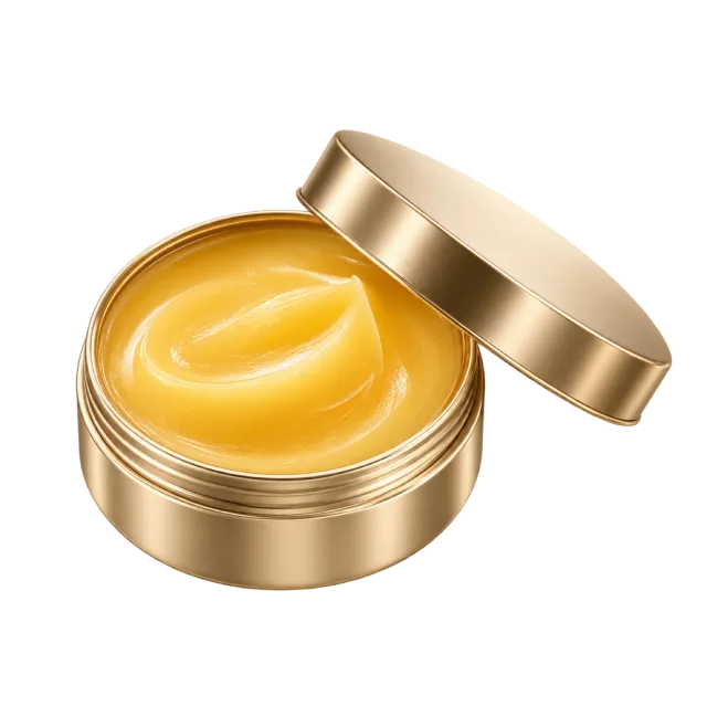3D-style illustration of golden face balm in open metal tin