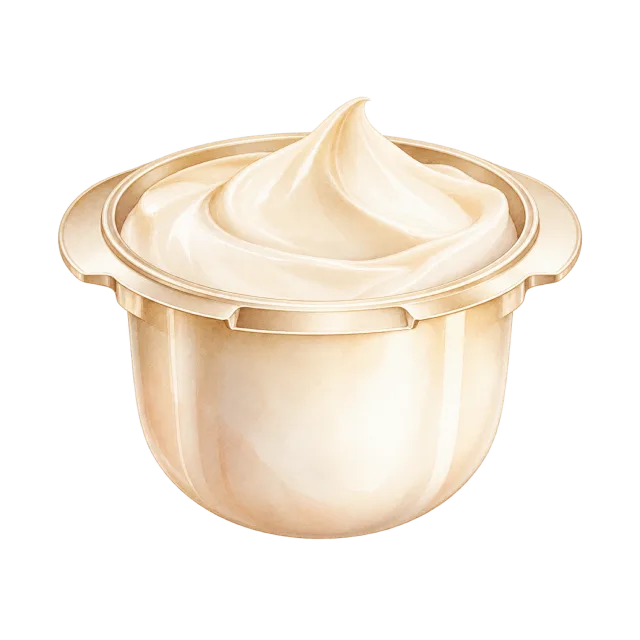 Watercolor-style illustration of open cream refill pod with gold rim