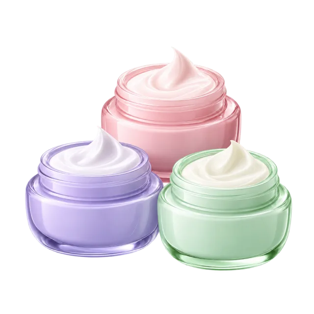 3D-style illustration of travel face cream trio in pastel pots