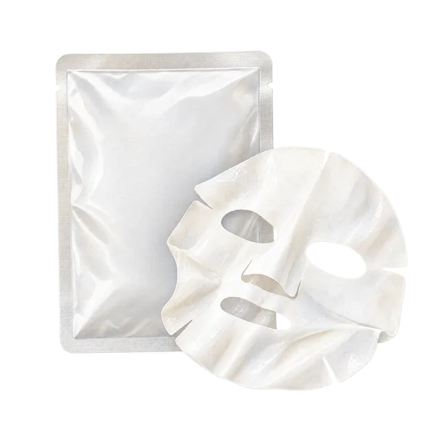 Watercolor-style illustration of folded white sheet face mask beside blank pouch
