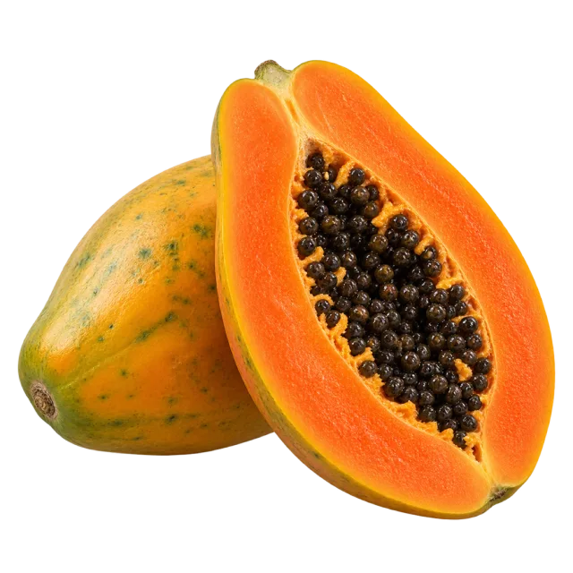 A yellow-green papaya beside a cut half showing orange flesh and black seeds