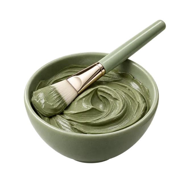 3D-style illustration of green clay face mask in open bowl with brush