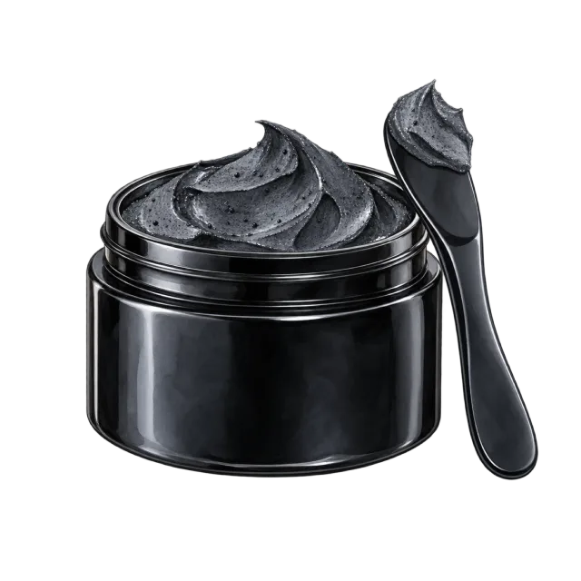 Watercolor-style illustration of dark gray mask in black jar with spatula