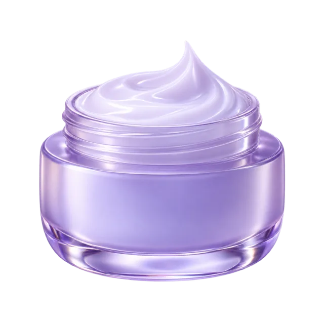 3D-style illustration of cream swirl in lavender jar