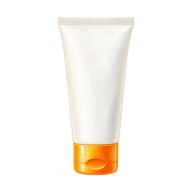 Watercolor-style illustration of white sunscreen tube with orange cap