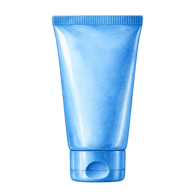 Watercolor-style illustration of blue sunscreen squeeze tube