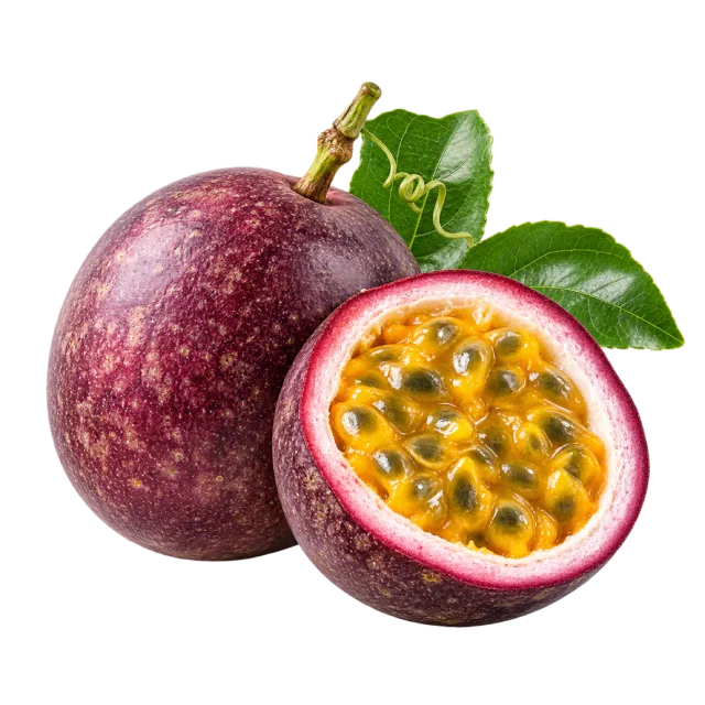A purple passion fruit with leaves beside a cut half of golden pulp and dark seeds