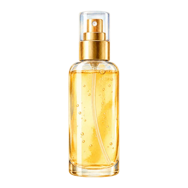 Watercolor-style illustration of clear sunscreen spray bottle