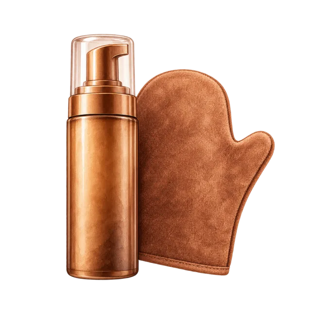 Watercolor-style illustration of bronze self tanning mousse pump with mitt