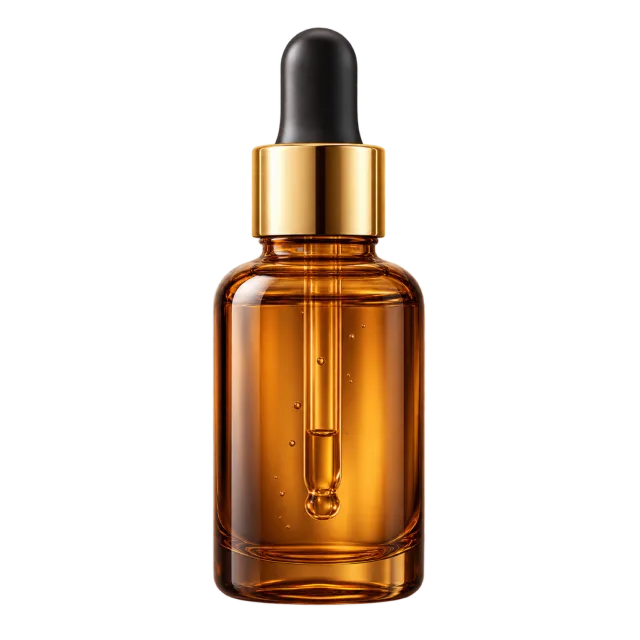 3D-style illustration of amber self tanning dropper bottle