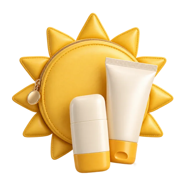 3D-style illustration of travel sunscreen duo with sun shaped pouch